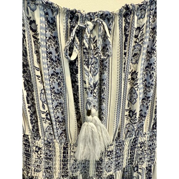 Justify Blue & White Floral Peasant Off-Shoulder Smocked Mini Dress L Flirty - Picture 2 of 7